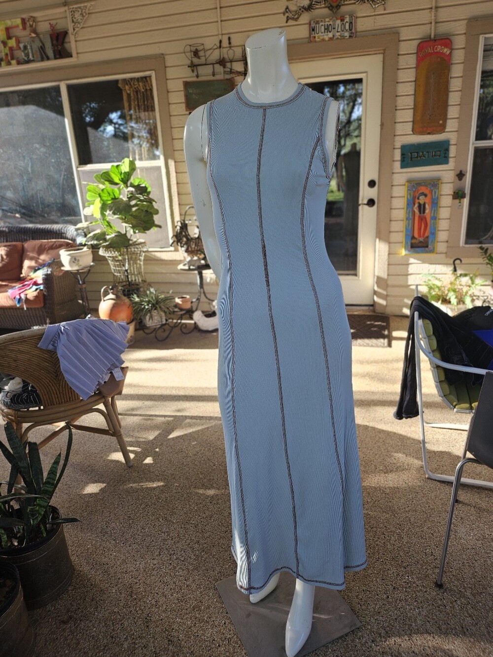 Polyester Stretch Ribbed Maxi Bodycon Dress Pale Dusty Turquoise Brown Stitching